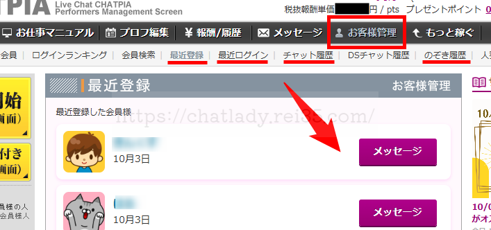 チャットピアの女性側画面